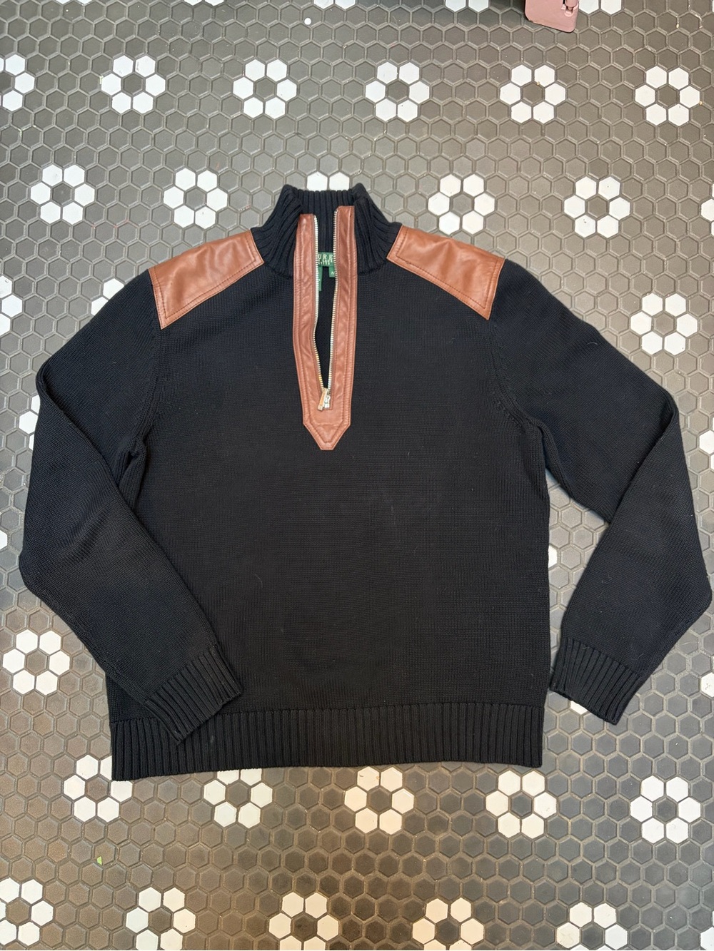 Vintage Lauren Ralph Lauren 1/4 Zip Sweater Leather Patches Petite L Black
